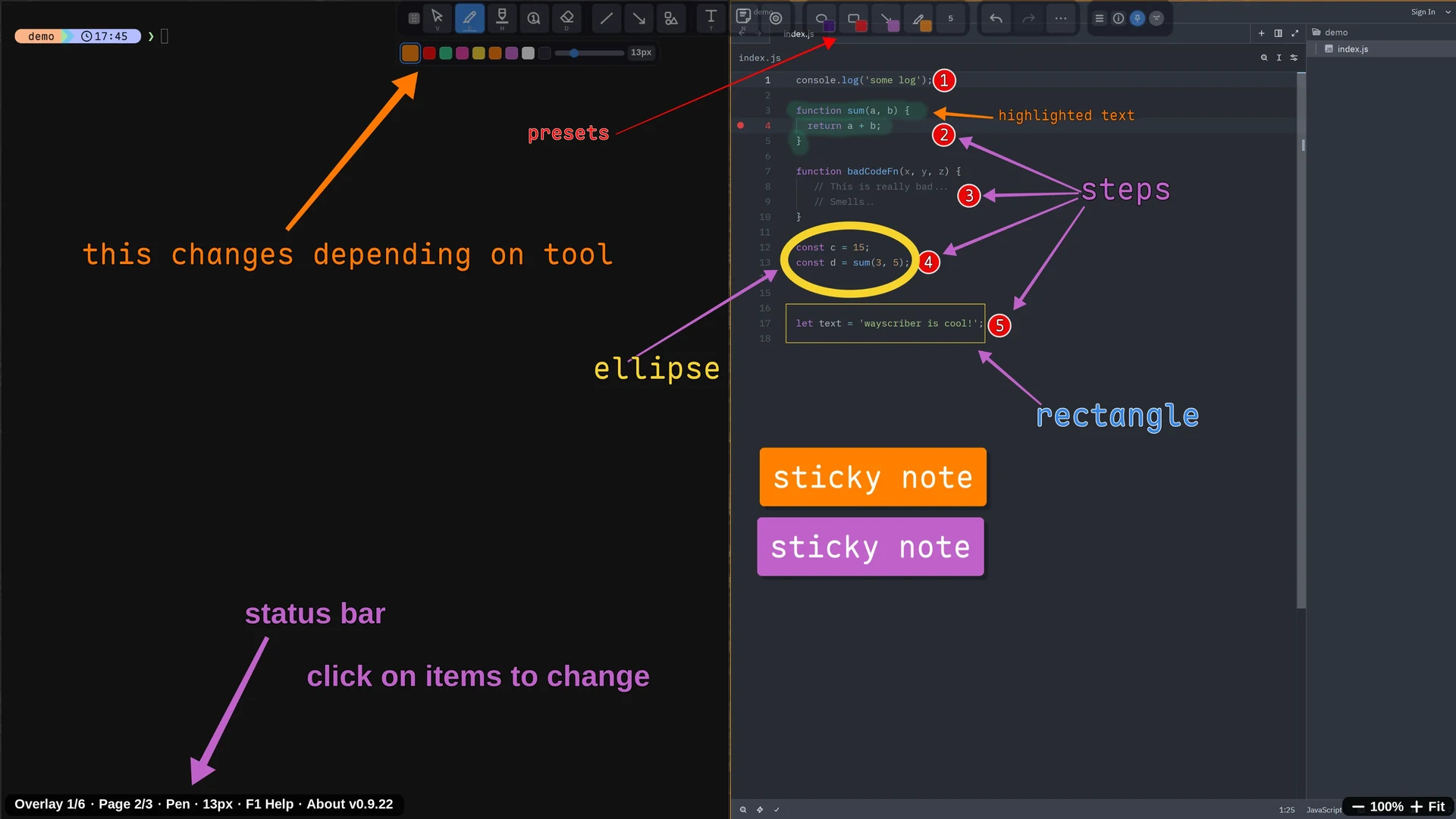 Wayscriber annotating a code editor with numbered arrows, shapes, a sticky note, and a highlighted line